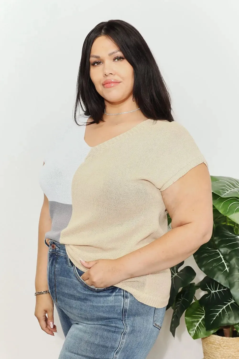 Knit Top, Color Block V-Neck