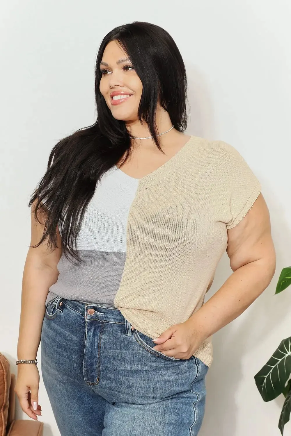 Knit Top, Color Block V-Neck