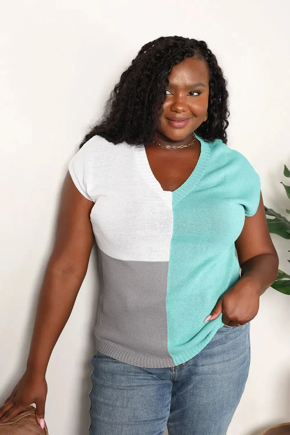 Knit Top, Color Block V-Neck