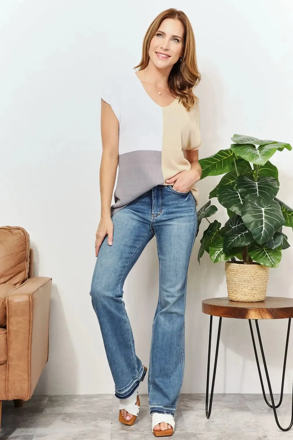 Knit Top, Color Block V-Neck