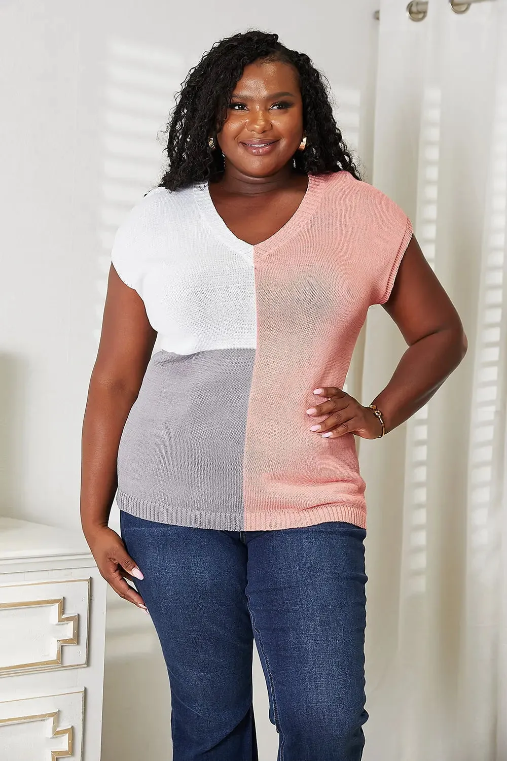 Knit Top, Color Block V-Neck