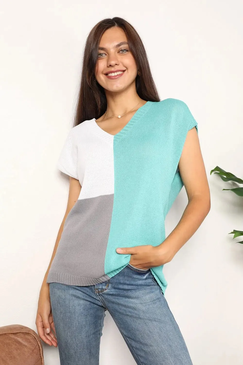 Knit Top, Color Block V-Neck