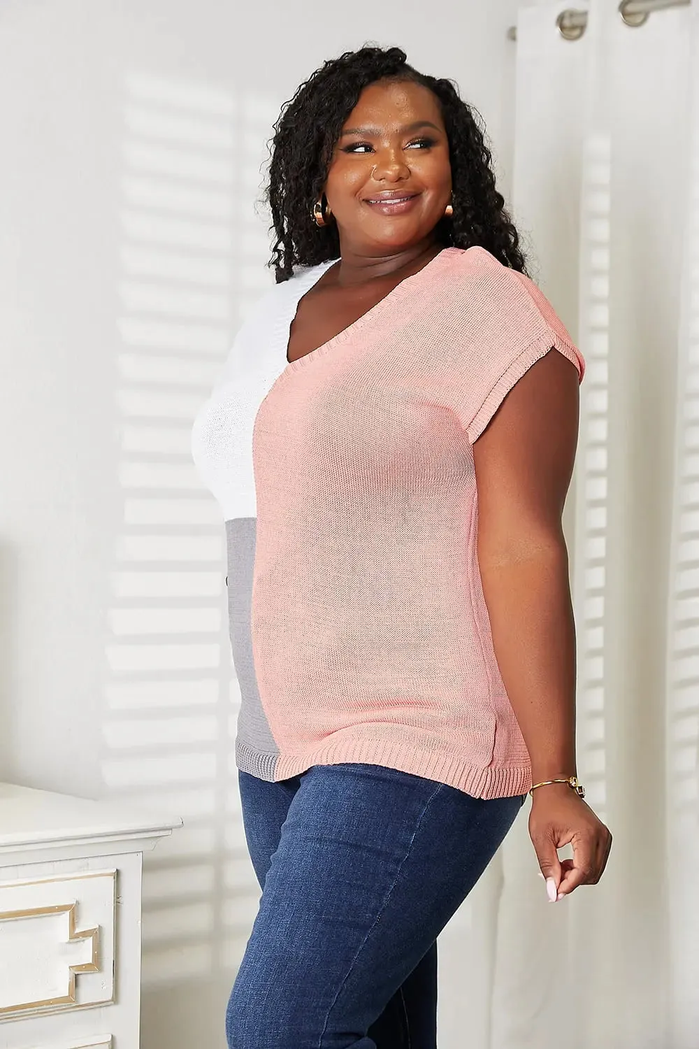Knit Top, Color Block V-Neck