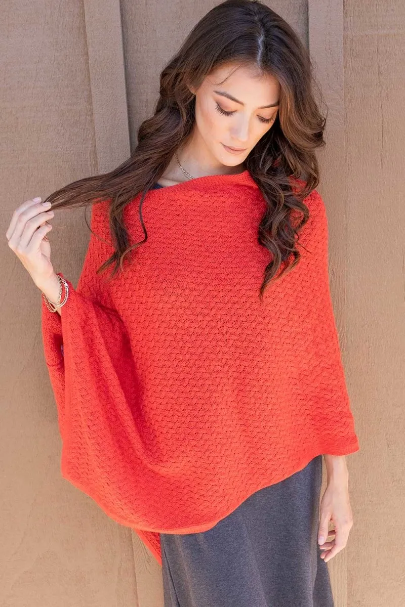 Lattice Stitch Poncho in Canyon Red