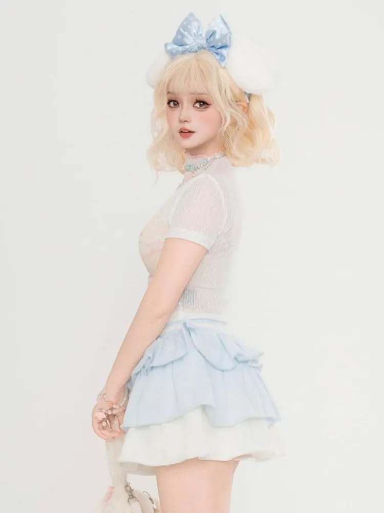 Light Blue Color-Block Puff Skirt