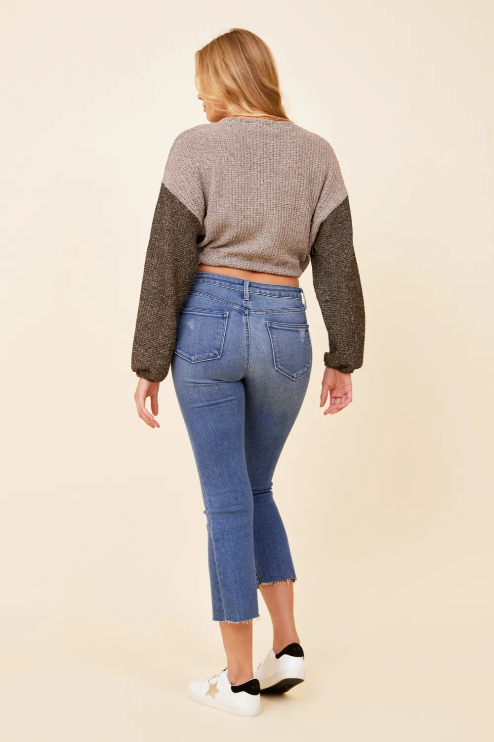 Light Grey w/ Charcoal Tie Front Color Block Sweater