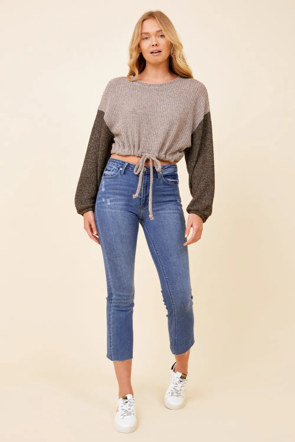 Light Grey w/ Charcoal Tie Front Color Block Sweater