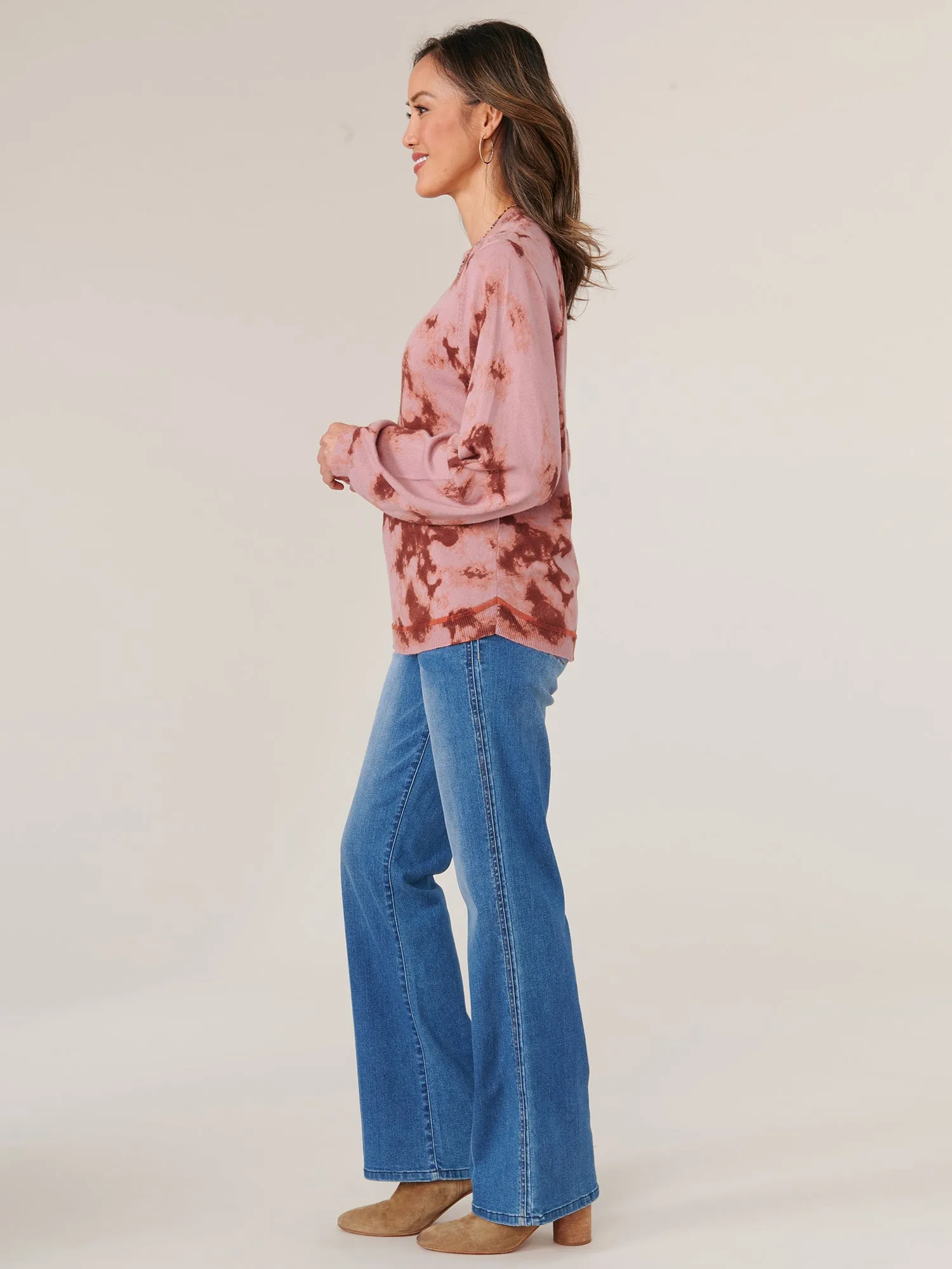 Long Blouson Sleeve Mock Neck Side Overlap Rounded Hem Printed Sweater