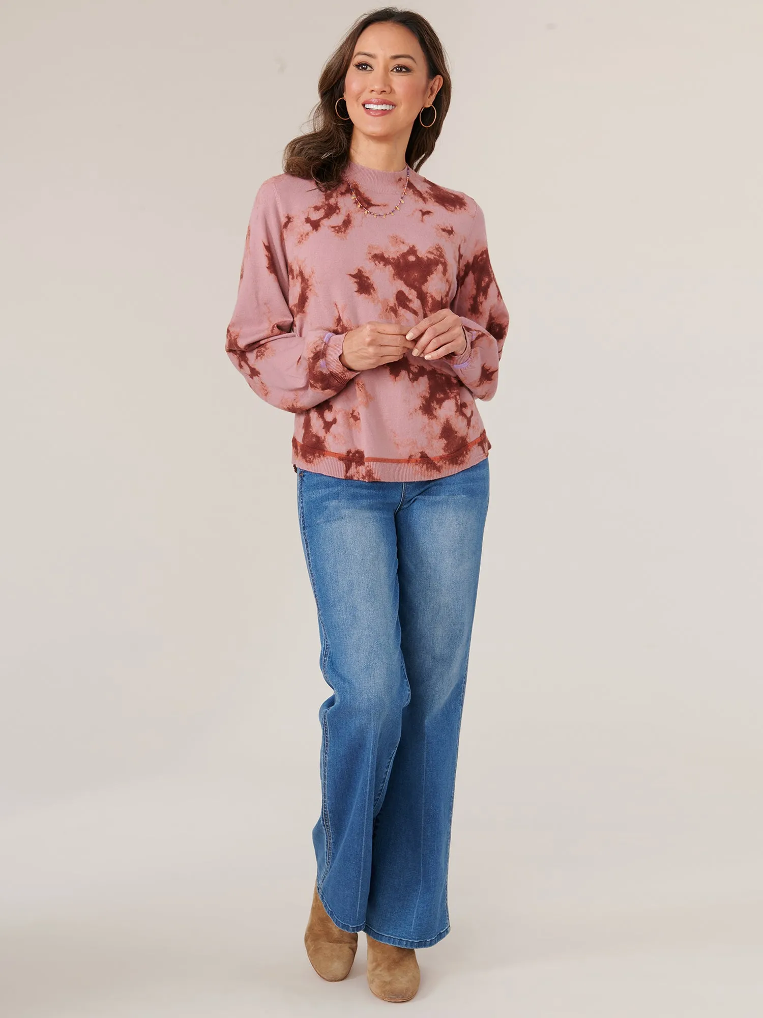 Long Blouson Sleeve Mock Neck Side Overlap Rounded Hem Printed Sweater