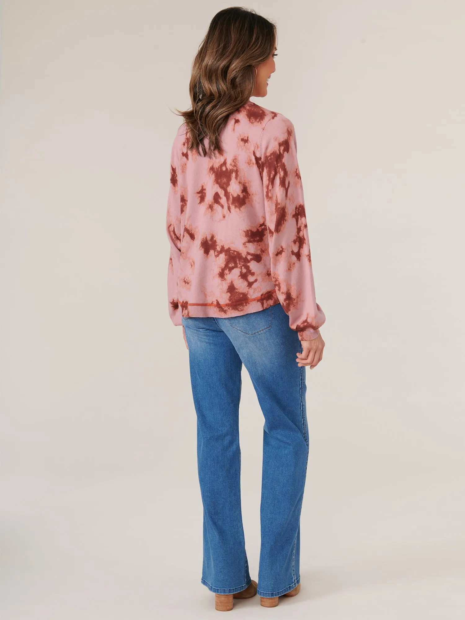 Long Blouson Sleeve Mock Neck Side Overlap Rounded Hem Printed Sweater