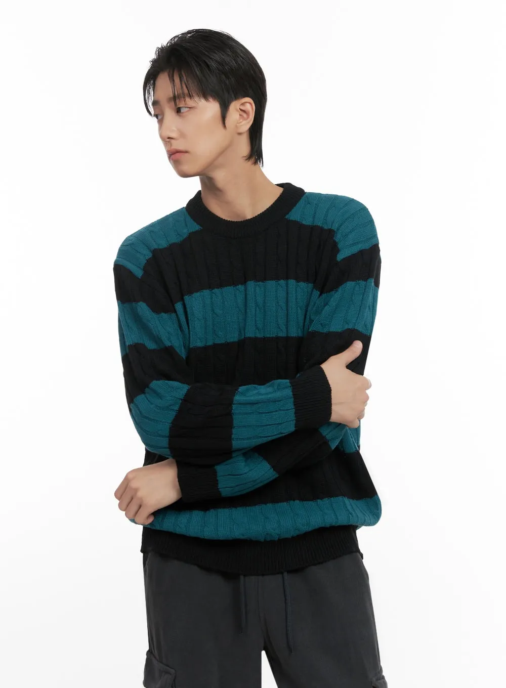 Men's Stripe Cable Knit Sweater ID413