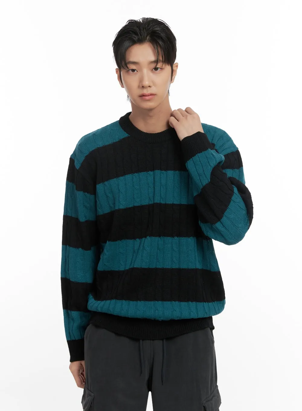 Men's Stripe Cable Knit Sweater ID413