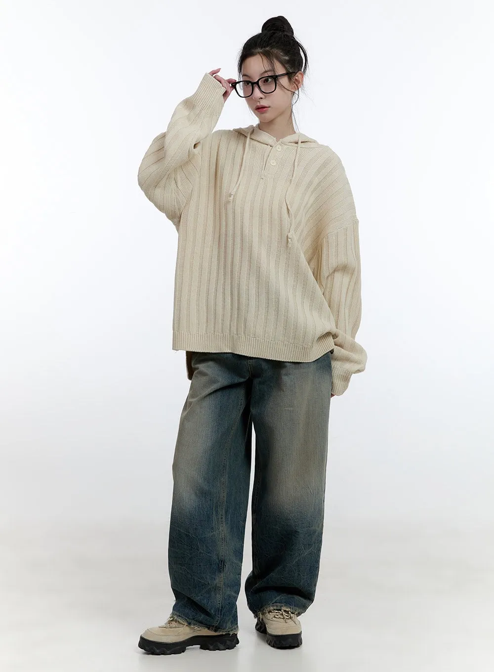 Oversize Ribbed Hooded Sweater CJ522