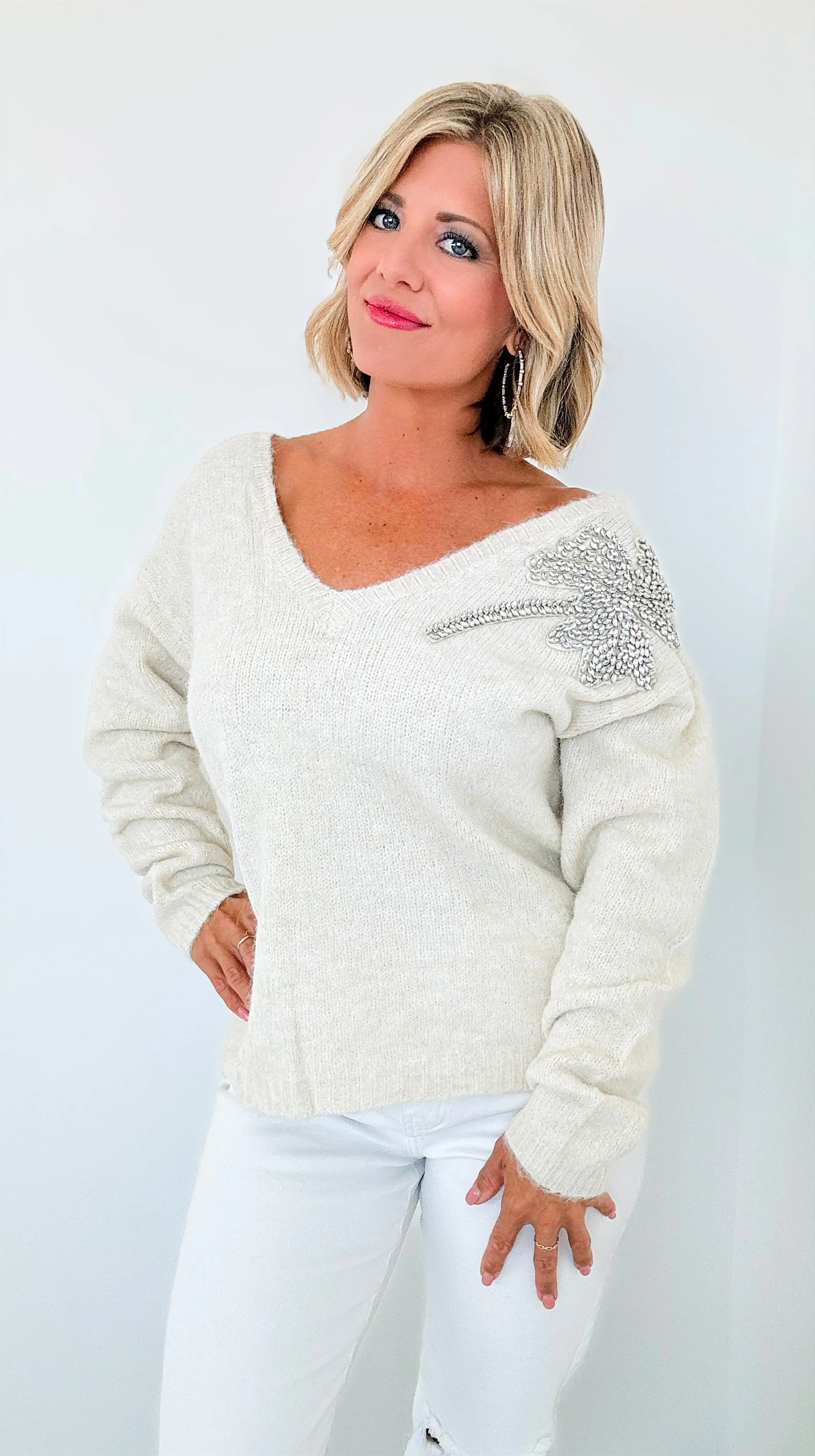 Palm Embellished Knit Sweater - Ivory