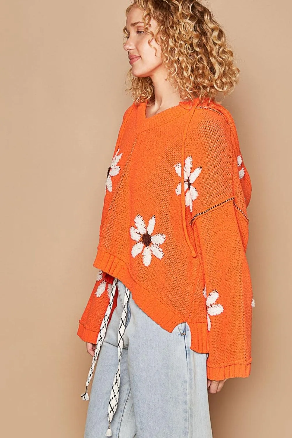 POL Sweater Orange Floral Pattern Hooded High-Low Pullover
