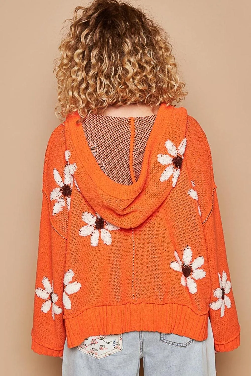 POL Sweater Orange Floral Pattern Hooded High-Low Pullover