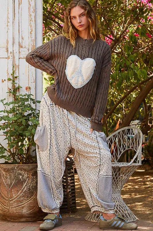 POL Women Sweater Cable-Knit Heart Peace Patch Dark Gray Long Sleeve
