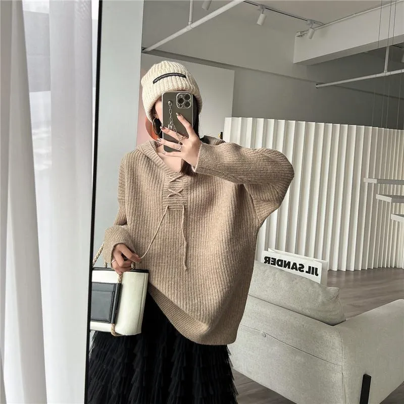 Retro Hooded Petite Knitted Loose Fit Lazy Sweater