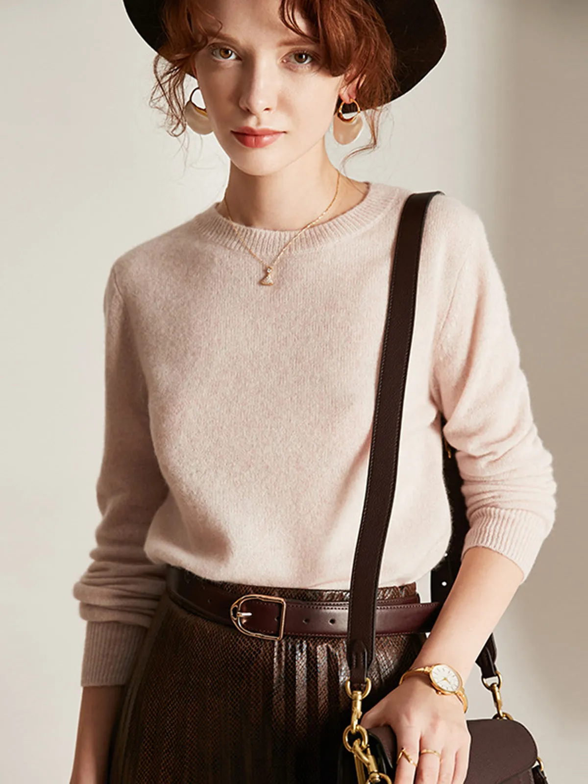 Round Neck 100% Cashmere Women's Sweater, Long Sleeve, Knitted Base Pullover.