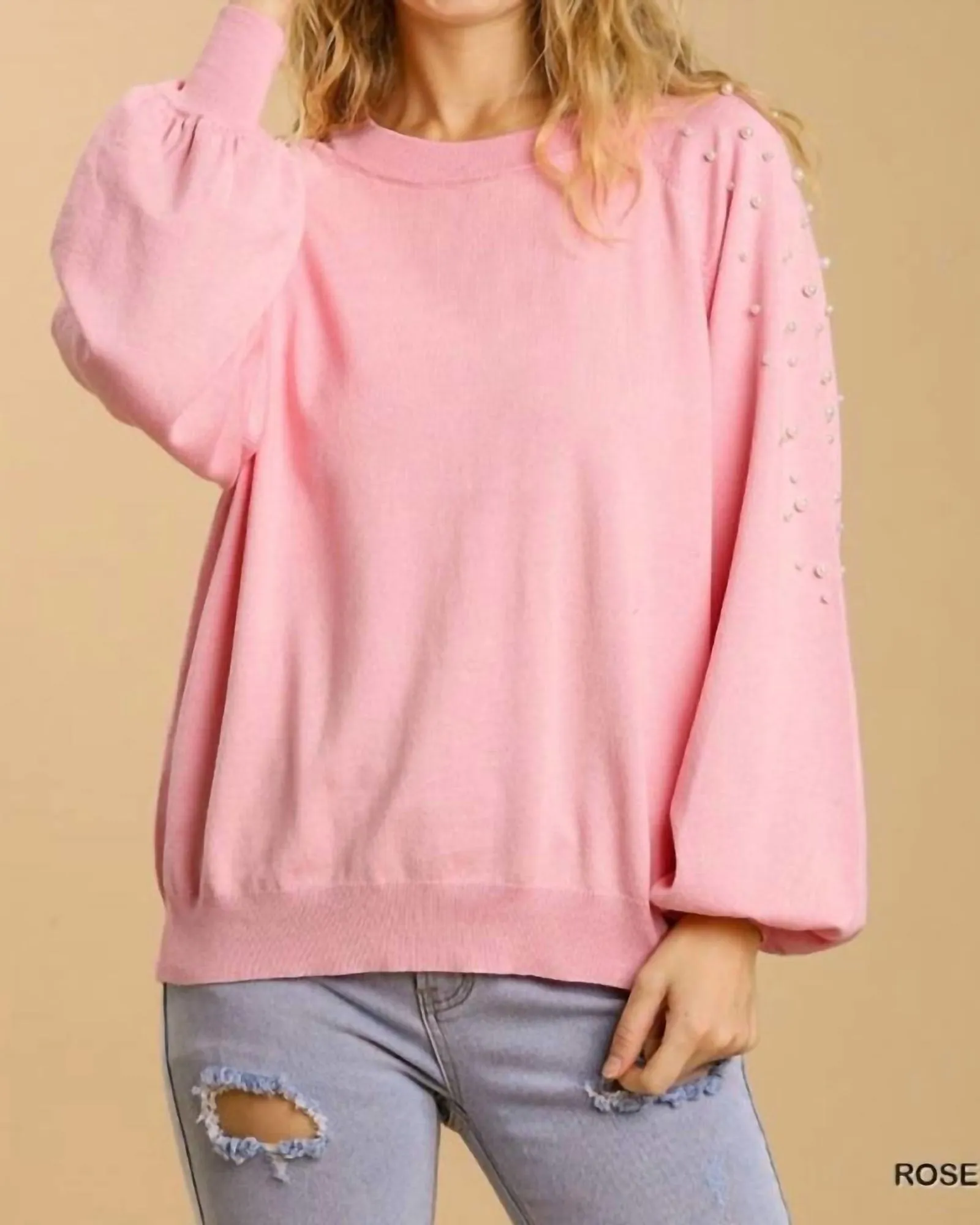 Round Neck Pullover Sweater in Rose | Rose