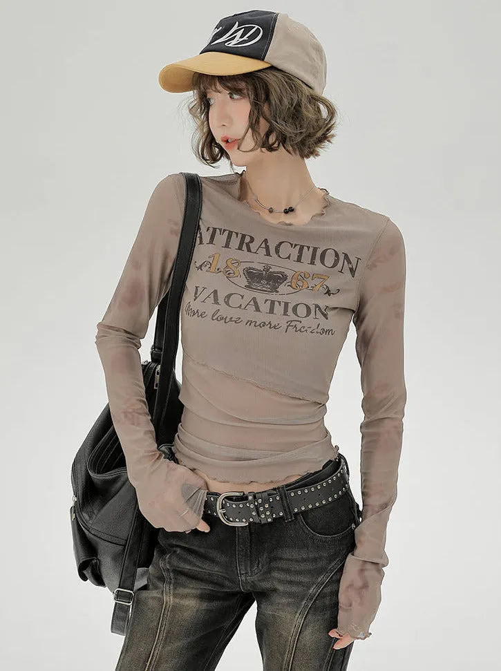 T Long Retro Print Sheer Ruffle American