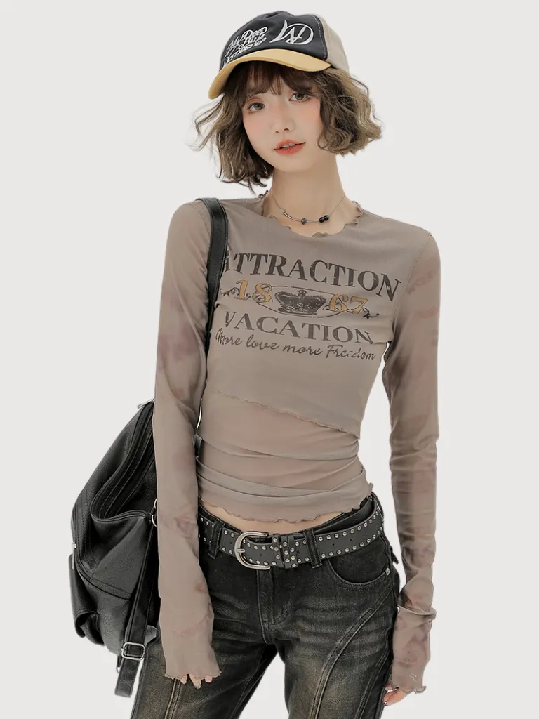 T Long Retro Print Sheer Ruffle American