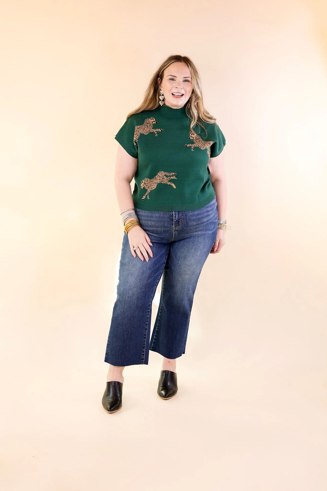 Upscale Charm Cheetah Print Sweater Top in Hunter Green