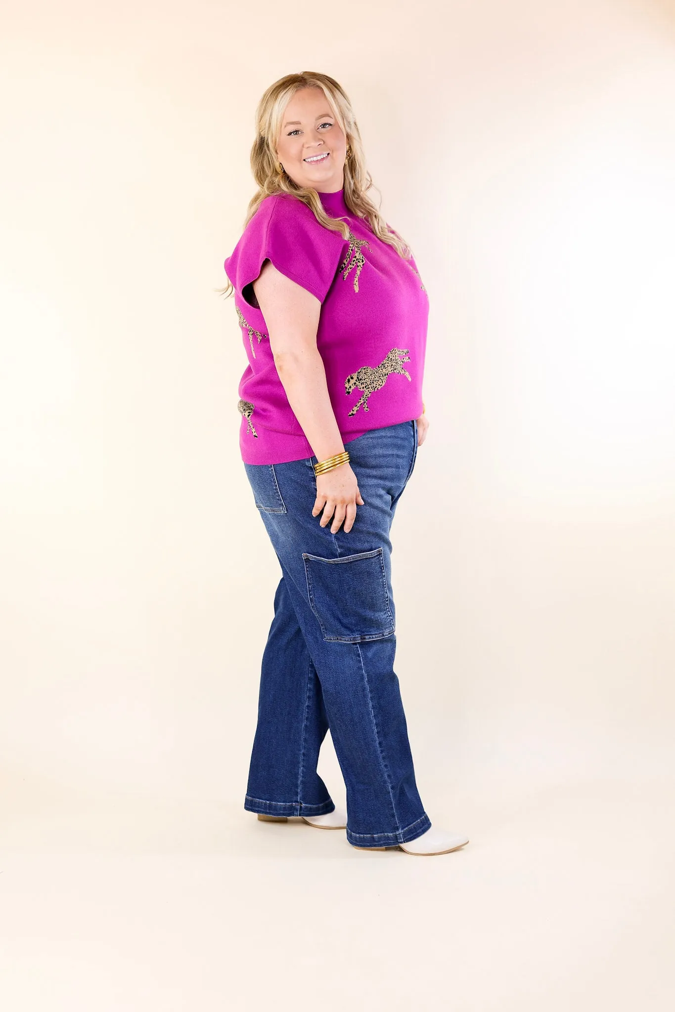 Upscale Charm Cheetah Print Sweater Top in Magenta Purple