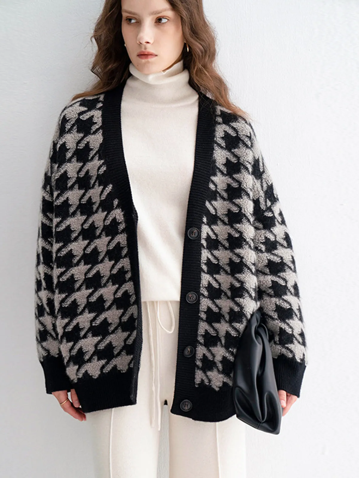 V-neck Thickened Cashmere Houndstooth Sweater Color-block Loose Cardigan