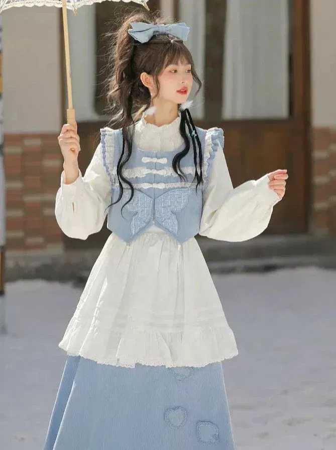 Vest Blue Forest Ruffle Butterfly Skirt China Blue Shirt
