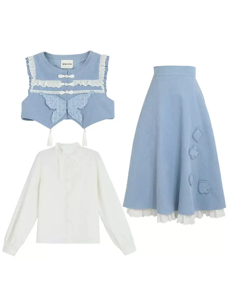 Vest Blue Forest Ruffle Butterfly Skirt China Blue Shirt