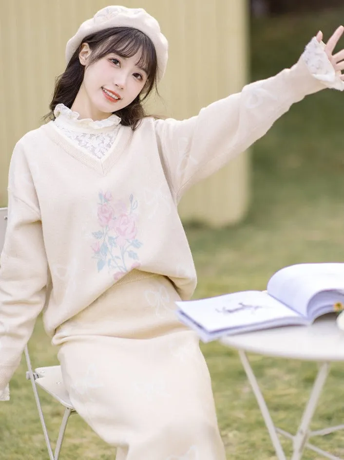 Vest Skirt Sweater   Yellow Jacquard Knit   Ribbon Knit