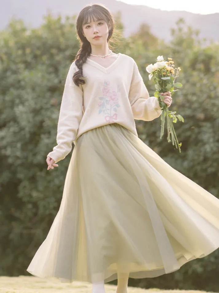 Vest Skirt Sweater   Yellow Jacquard Knit   Ribbon Knit