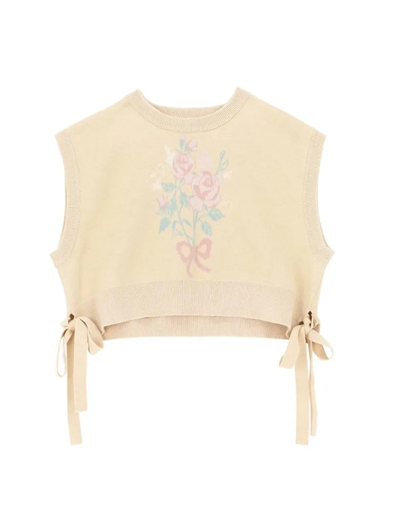 Vest Skirt Sweater   Yellow Jacquard Knit   Ribbon Knit
