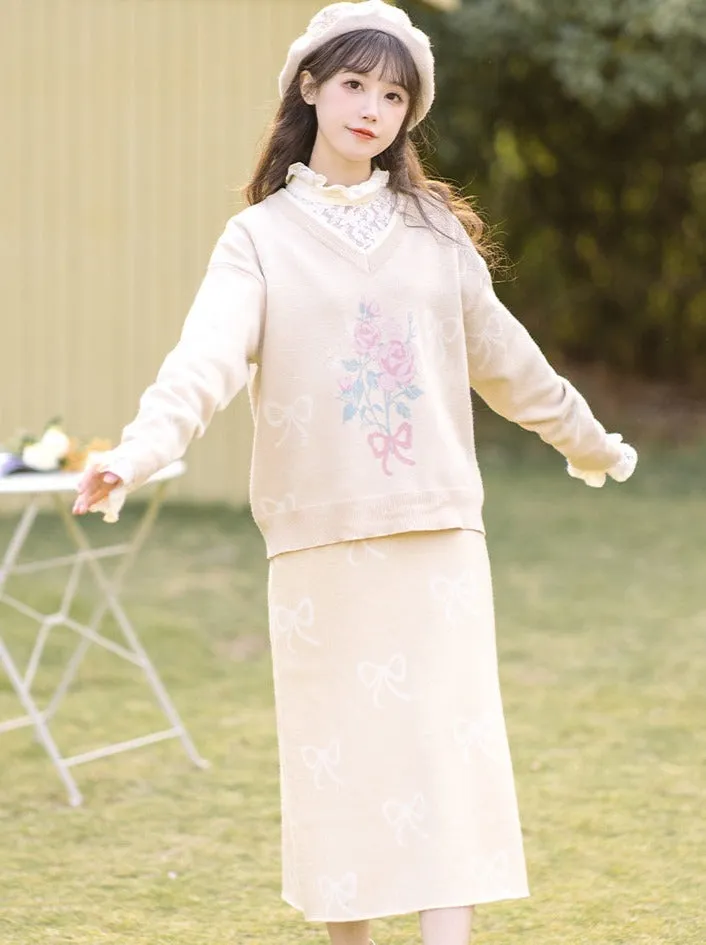 Vest Skirt Sweater   Yellow Jacquard Knit   Ribbon Knit