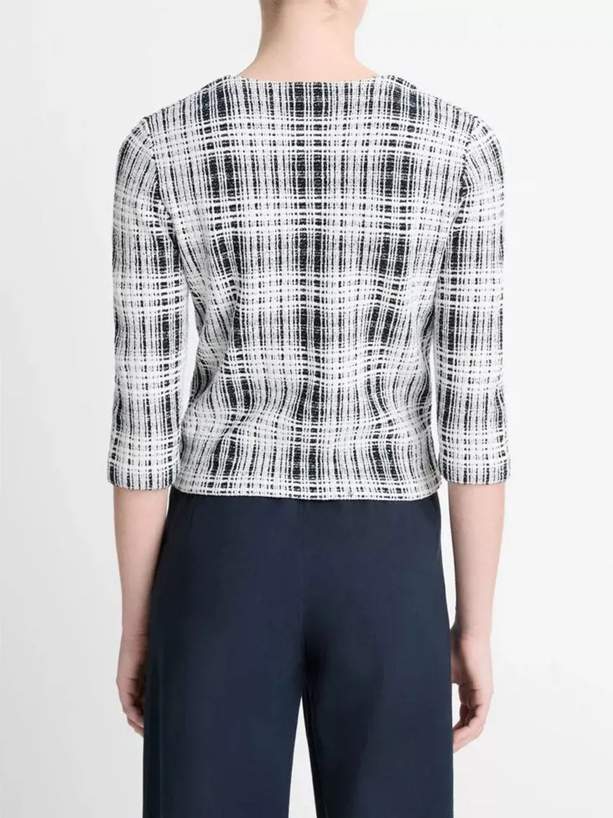 Vince Bouclé Plaid Cotton-Blend Elbow-Sleeve Sweater in Coastal Blue/Off-White