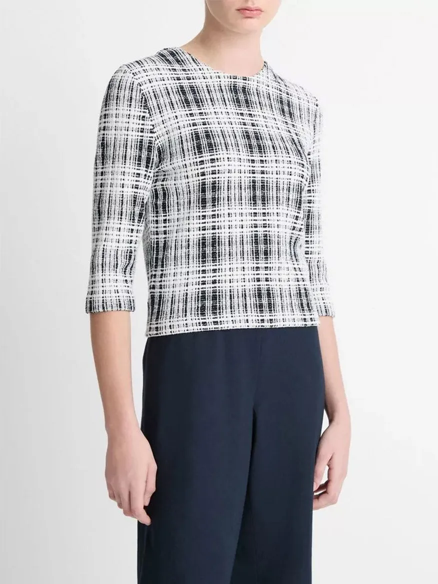 Vince Bouclé Plaid Cotton-Blend Elbow-Sleeve Sweater in Coastal Blue/Off-White
