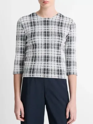 Vince Bouclé Plaid Cotton-Blend Elbow-Sleeve Sweater in Coastal Blue/Off-White
