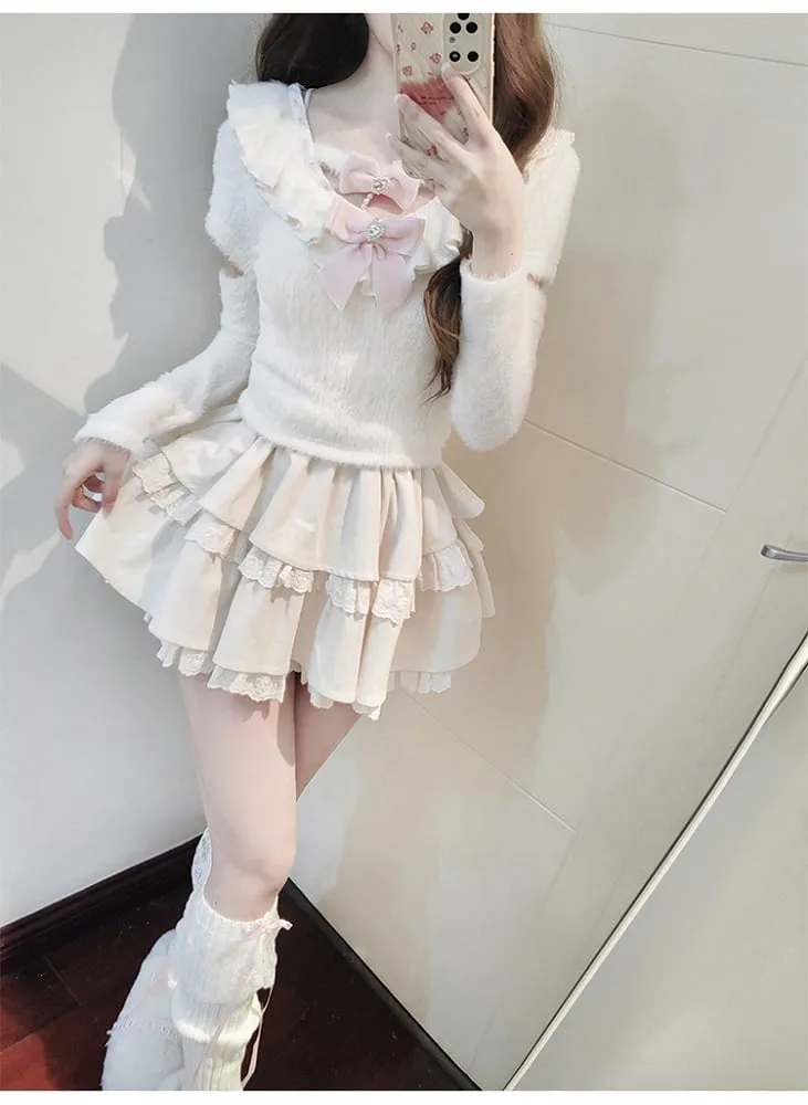 White Ruffle Neckline Cutout Sleeves Sweater with Tiered Skirt and Pink Bows Set
