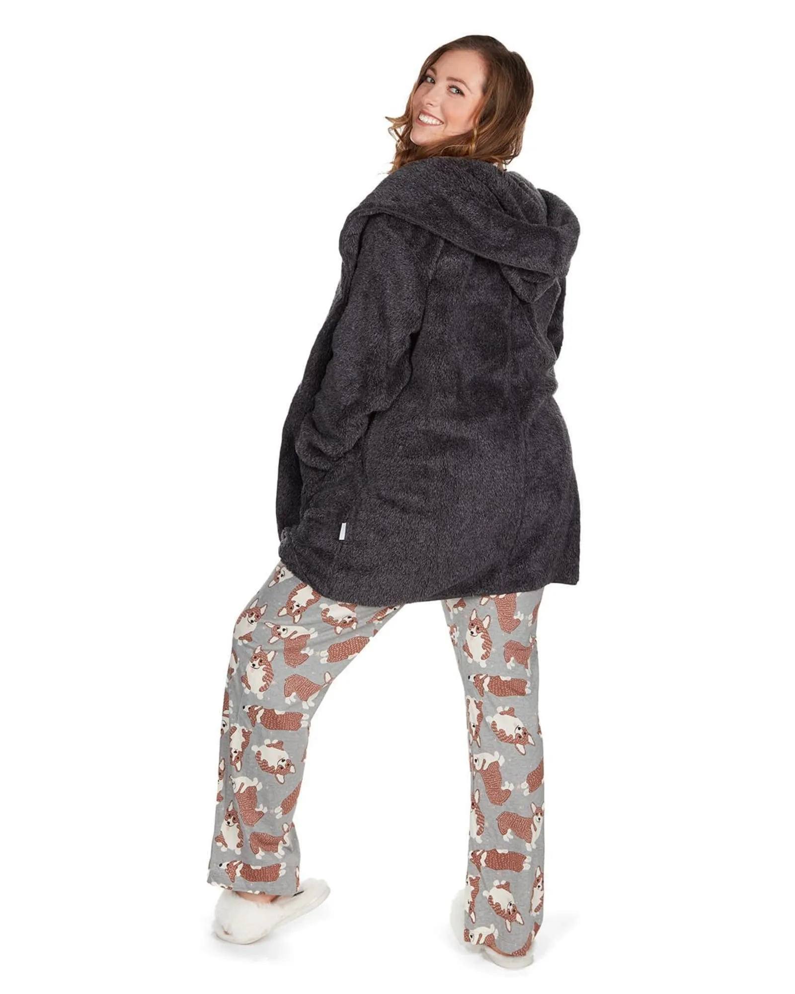 Women's Marled Plush Hooded Lounge Sweater with Shawl Collar | Charcoal