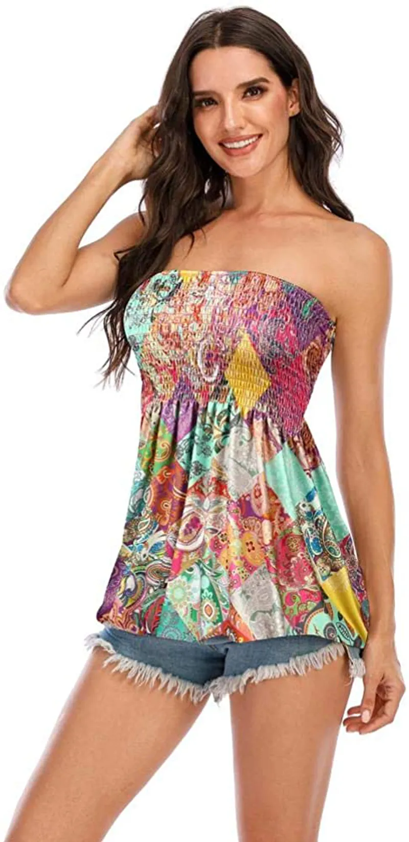 Womens Tie Dye Sleeveless Tube Tops Strapless Pleated Tunic Crop Top Tank Cami