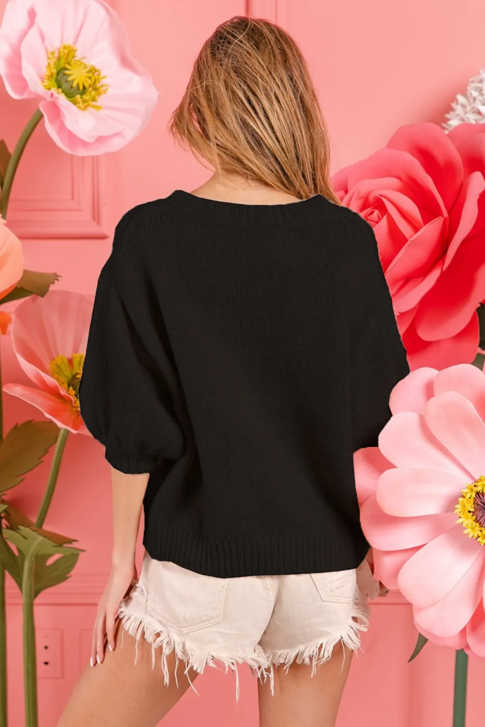 zBiBi Metallic Letter Puff Sleeve Hairy Sweater