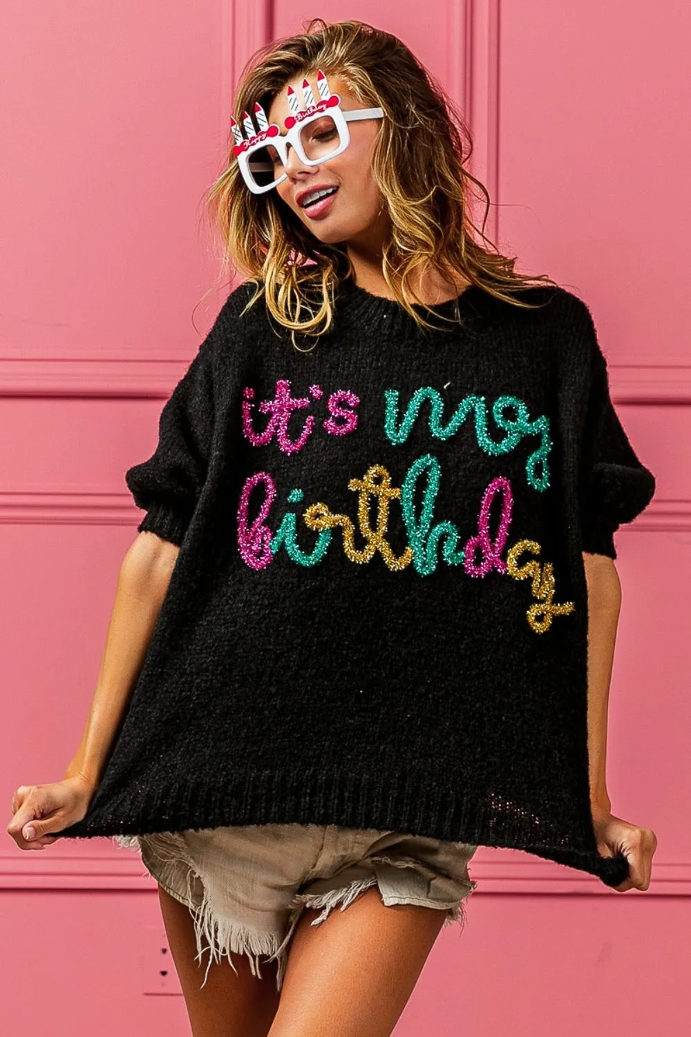 zBiBi Metallic Letter Puff Sleeve Hairy Sweater