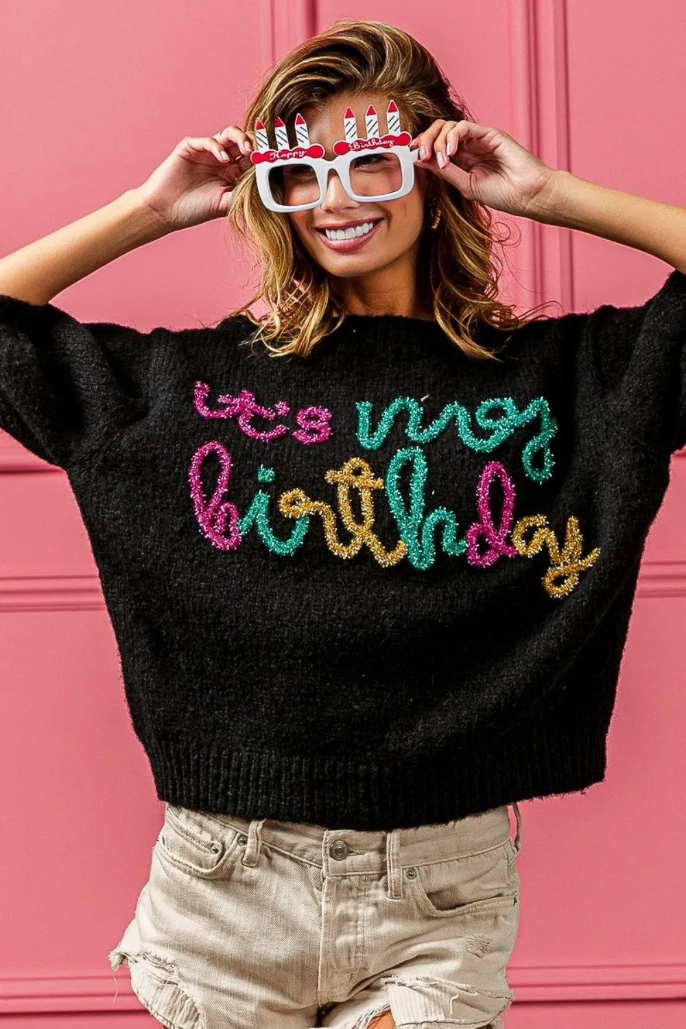 zBiBi Metallic Letter Puff Sleeve Hairy Sweater