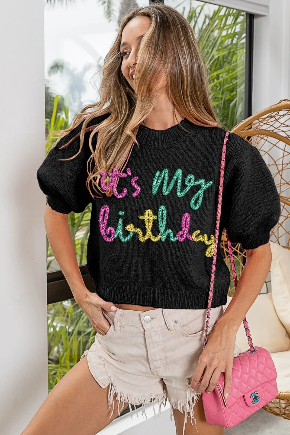 zBiBi Metallic Letter Puff Sleeve Hairy Sweater