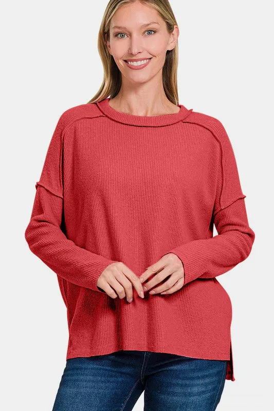 Zenana Red Women Sweater Exposed Seam Brushed Round Neck High-Low